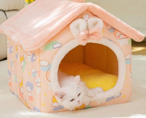 Foldable Pet Cave Bed – Warm, Enclosed Dog & Cat House with Removable Cushion
