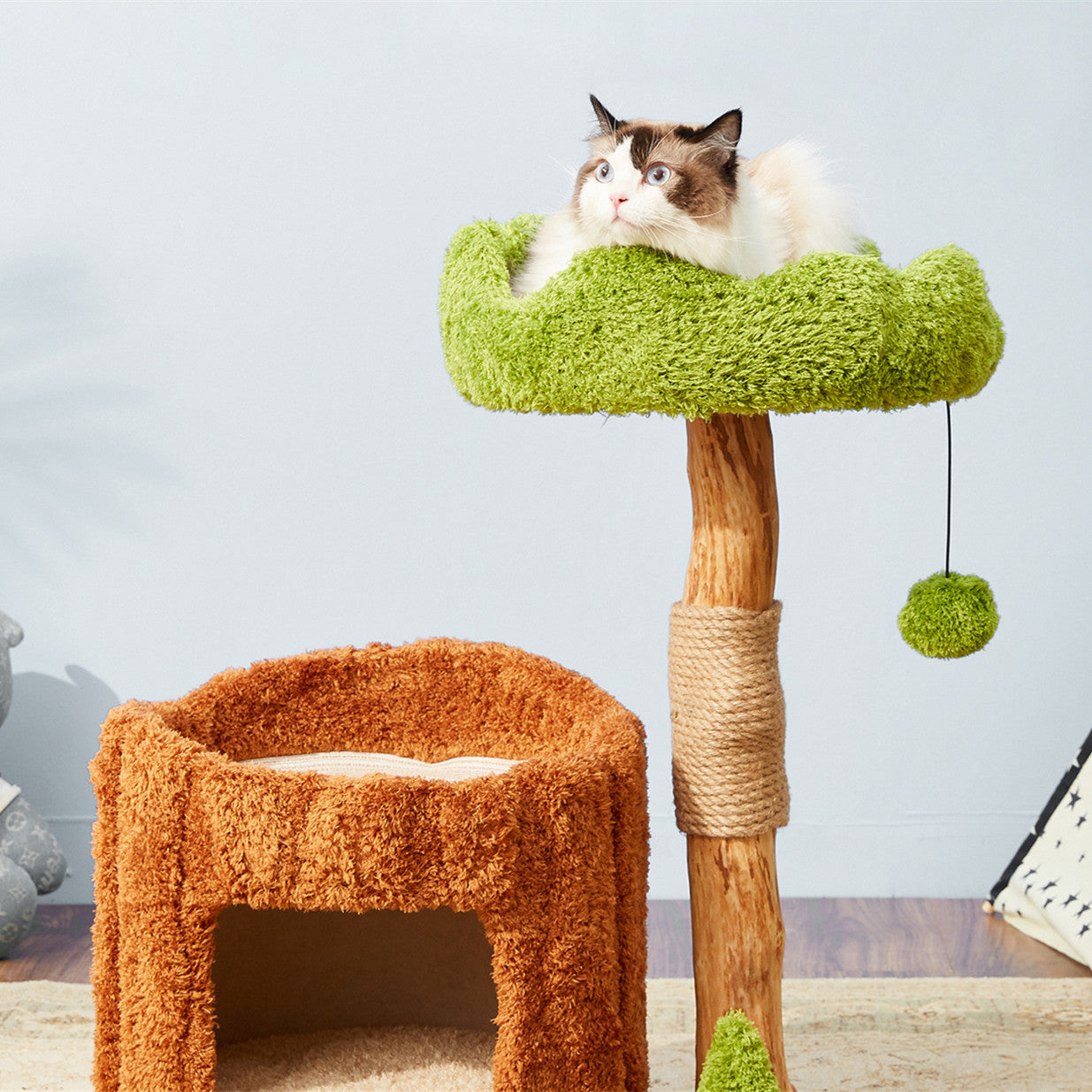 Solid Wood Cat Tree Tower with Sisal Scratching Posts — Cute Climbing Frame Playhouse in Multiple Styles