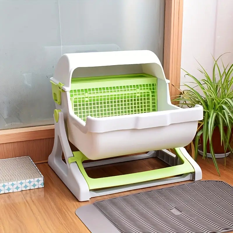 Semi-Enclosed Cat Litter Box with Tipping Design – Includes Scoop & Waste Bags