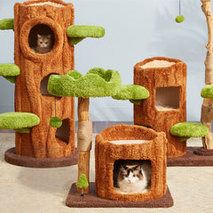 Solid Wood Cat Tree Tower with Sisal Scratching Posts — Cute Climbing Frame Playhouse in Multiple Styles