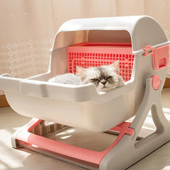 Semi-Enclosed Cat Litter Box with Tipping Design – Includes Scoop & Waste Bags